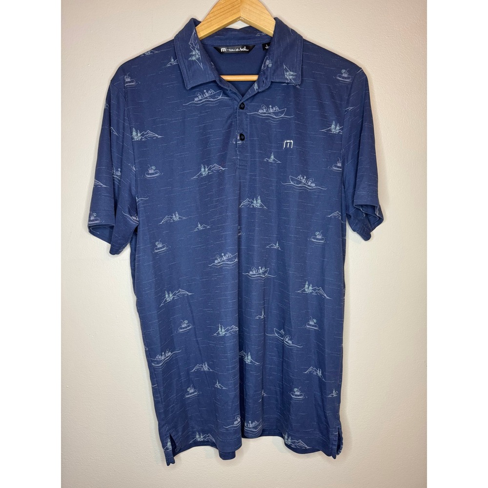 TravisMathew Mens Fishing Boat Mountain Print Polo Shirt Navy Blue Large L
